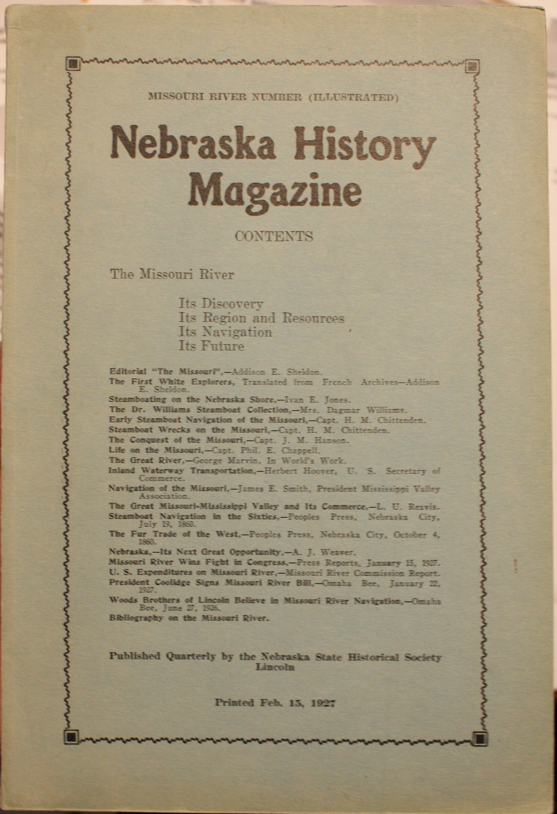 Nebraska History Magazine Volume 8, No. 1