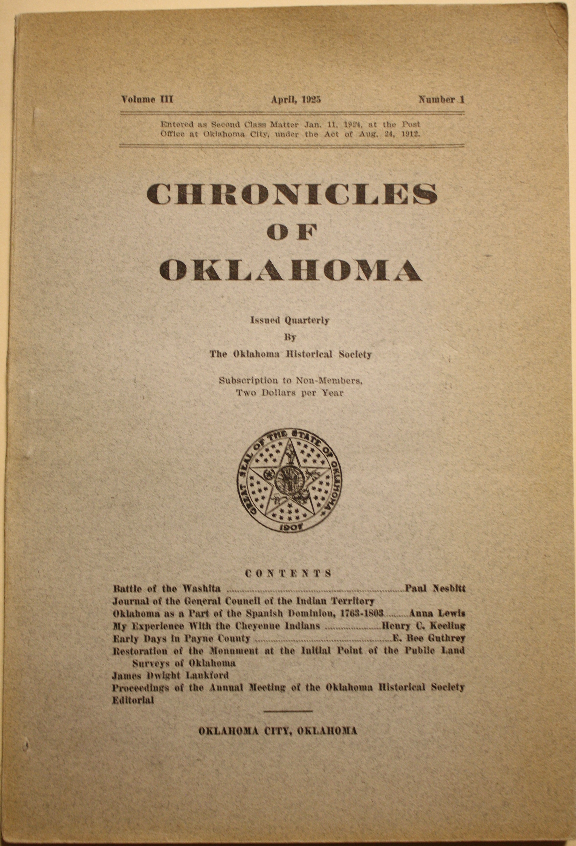 Battle of the Washita as contained in Chronicles Of Oklahoma April 1925, Volume III, Number 1