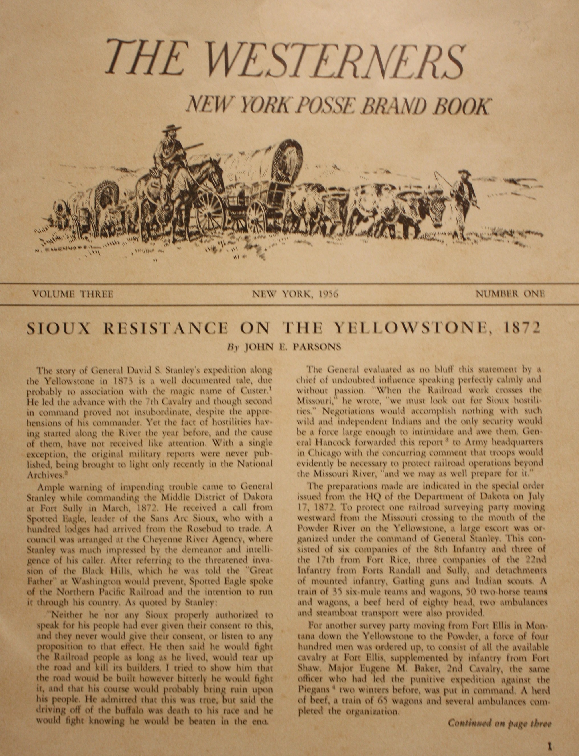 Sioux Resistance On The Yellowstone, 1872 as contained in The Westerners New York Posse Brand Book Volume Three Number One