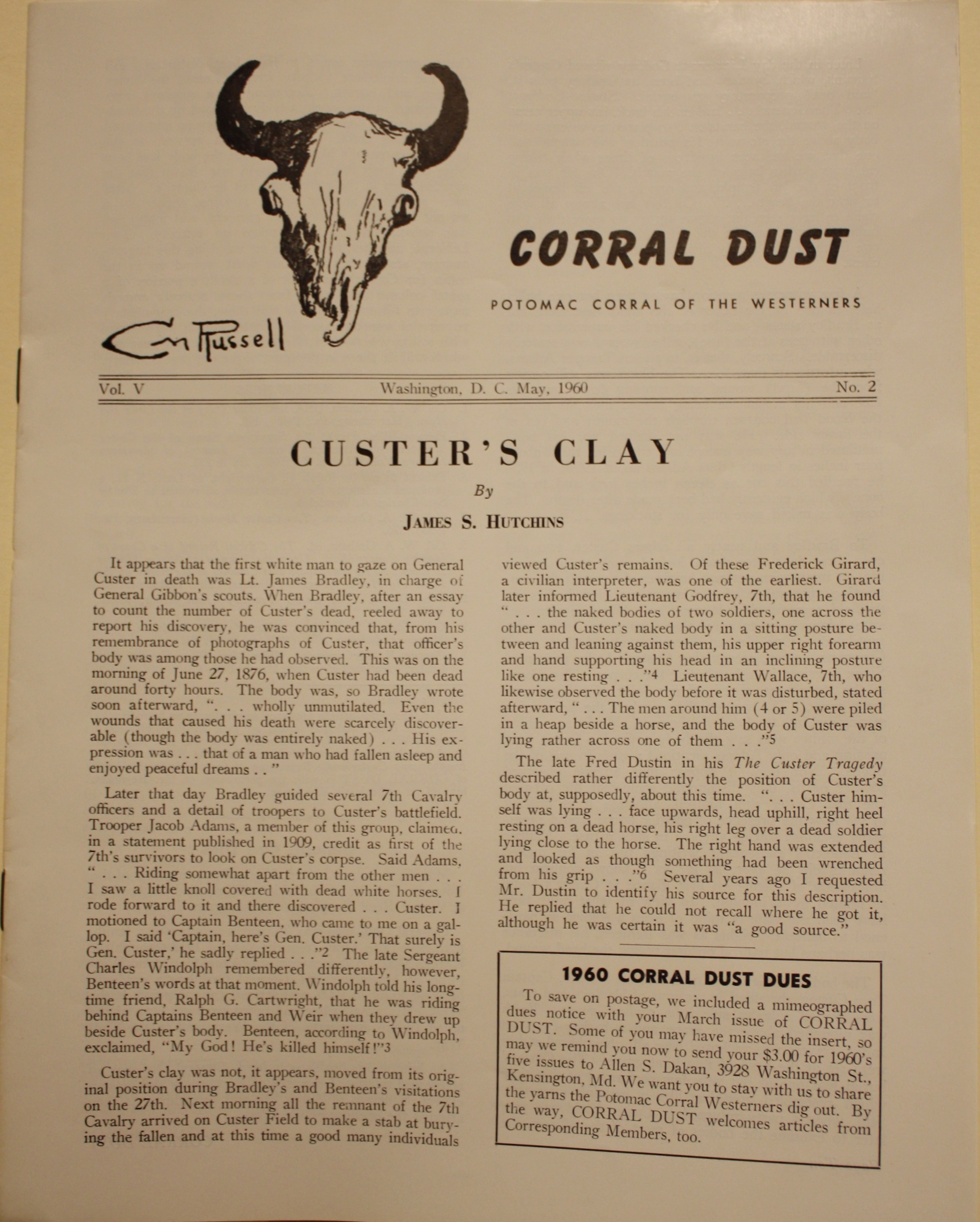 Custer's Clay as contained in Corral Dust Vol. V. No.2 1960